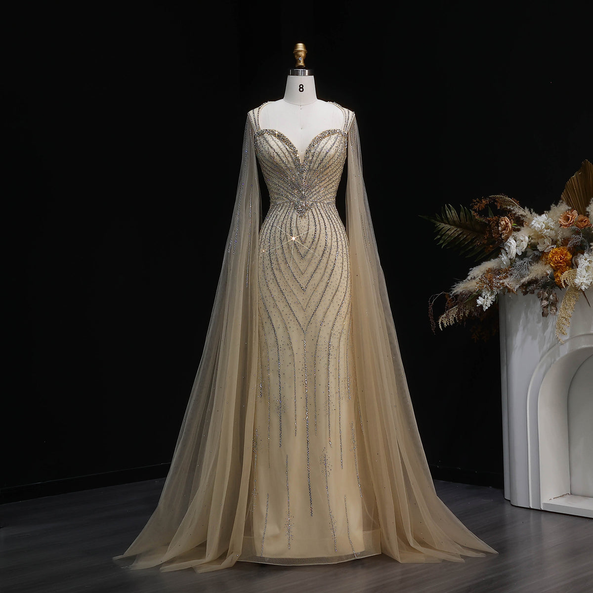 Elegant Pink Sweetheart Beaded Evening Dress with Cape Sleeve SS130