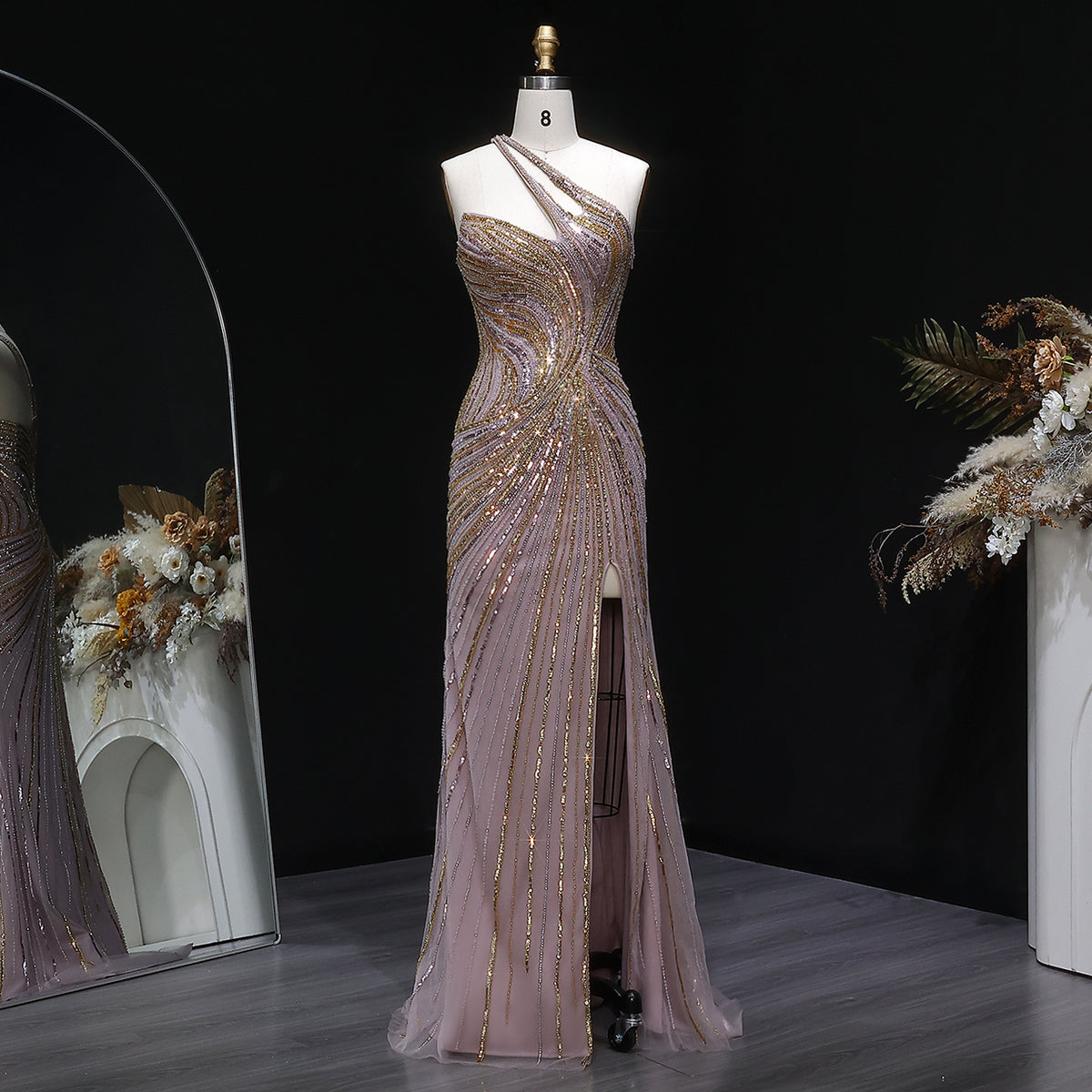 Elegant Gold Crystal Beaded High Slit Mermaid Evening Dress SS153