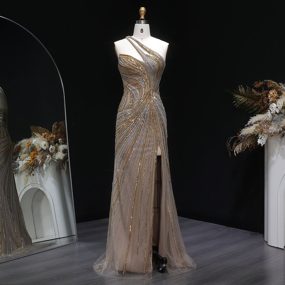 Elegant Gold Crystal Beaded High Slit Mermaid Evening Dress SS153