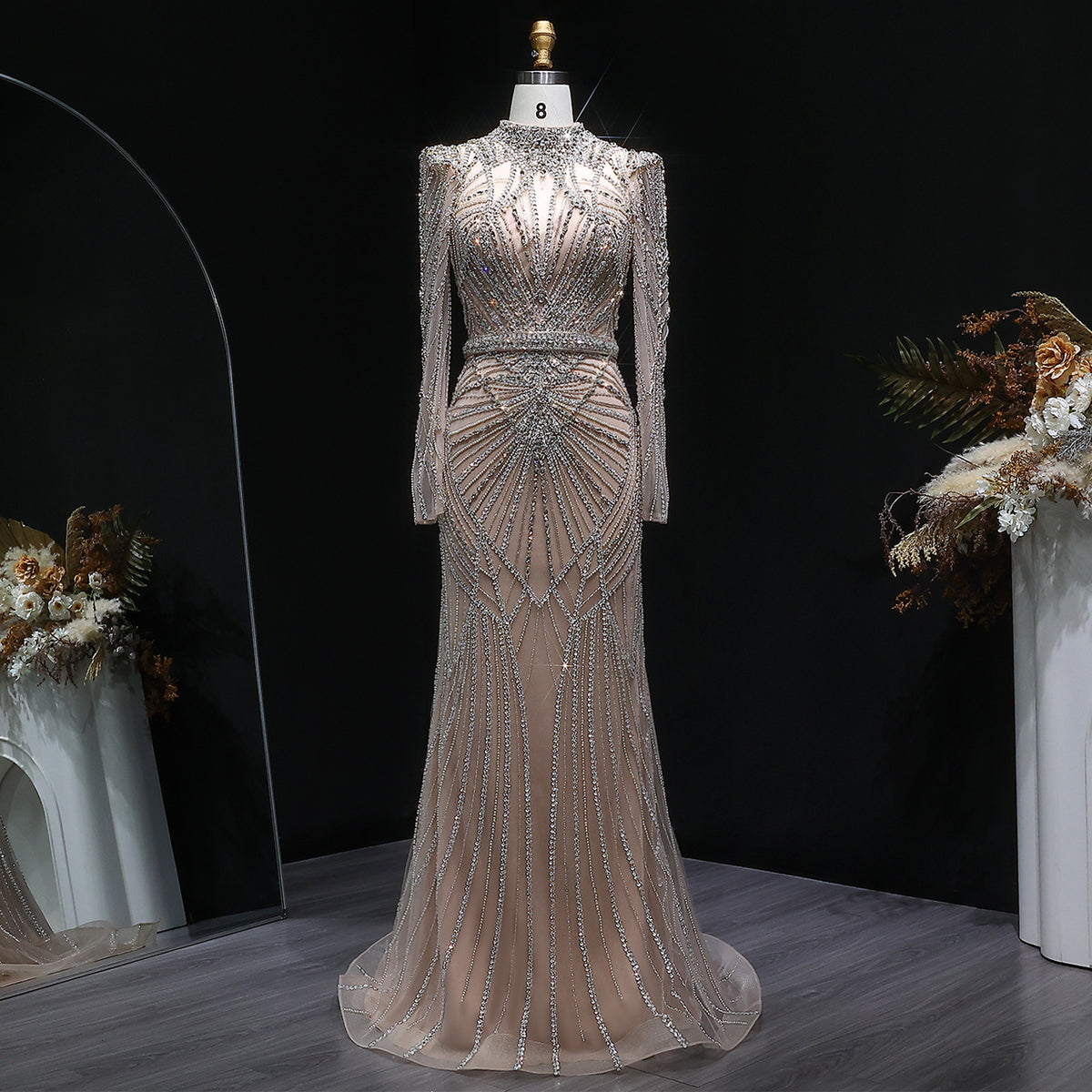 Luxury Champagne Beaded Crystal Long Sleeve Evening Dress SS186