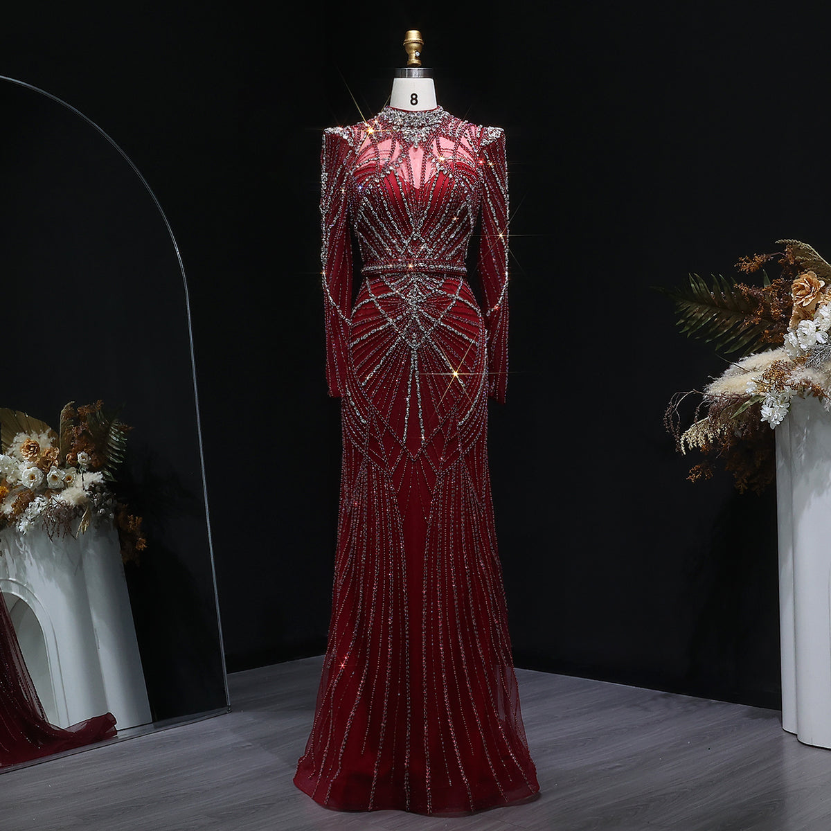 Luxury Champagne Beaded Crystal Long Sleeve Evening Dress SS186