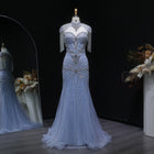 Luxury Blue Crystal Evening Dress with Shoulder Tassels SS190