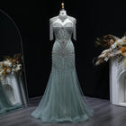 Luxury Blue Crystal Evening Dress with Shoulder Tassels SS190