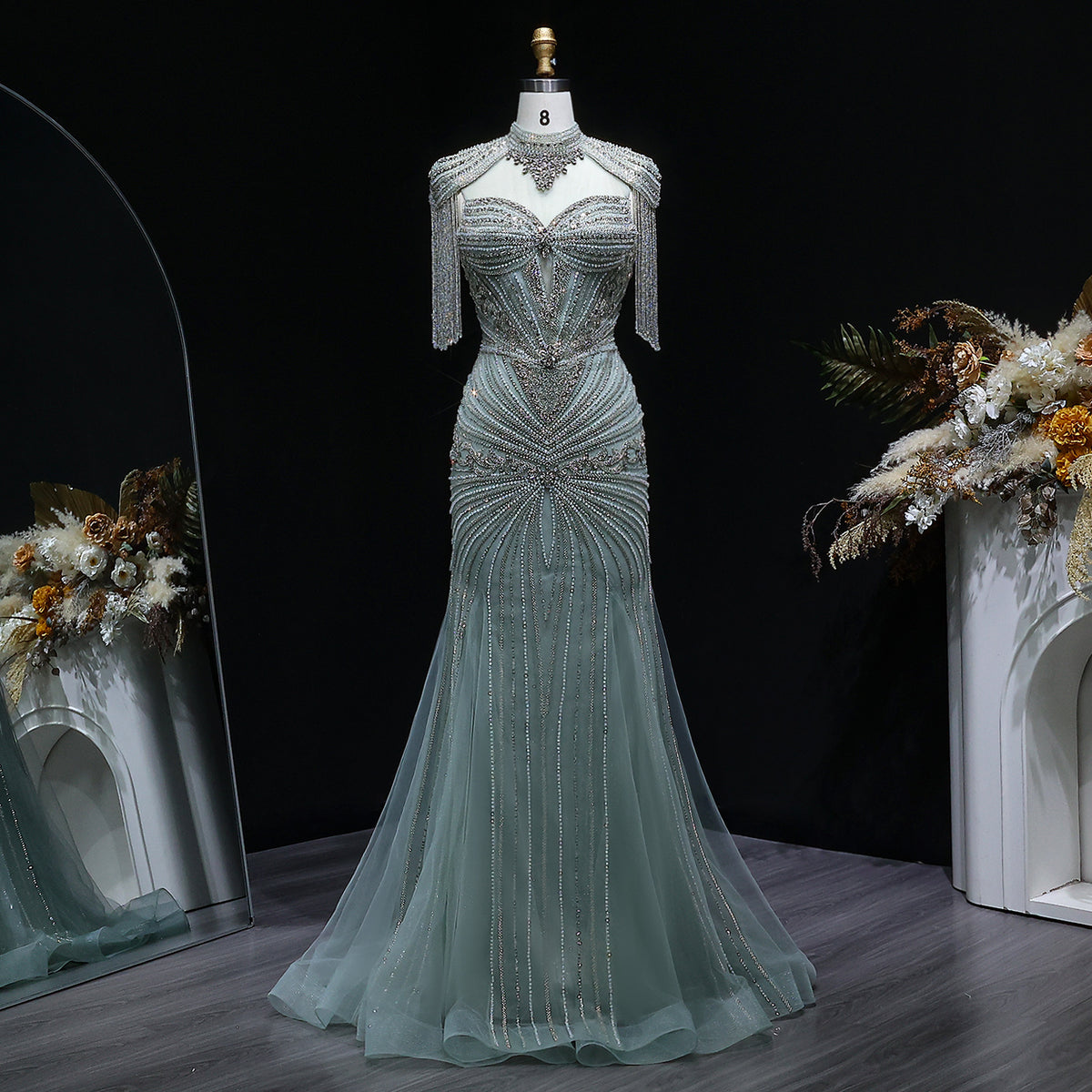 Luxury Blue Crystal Evening Dress with Shoulder Tassels SS190