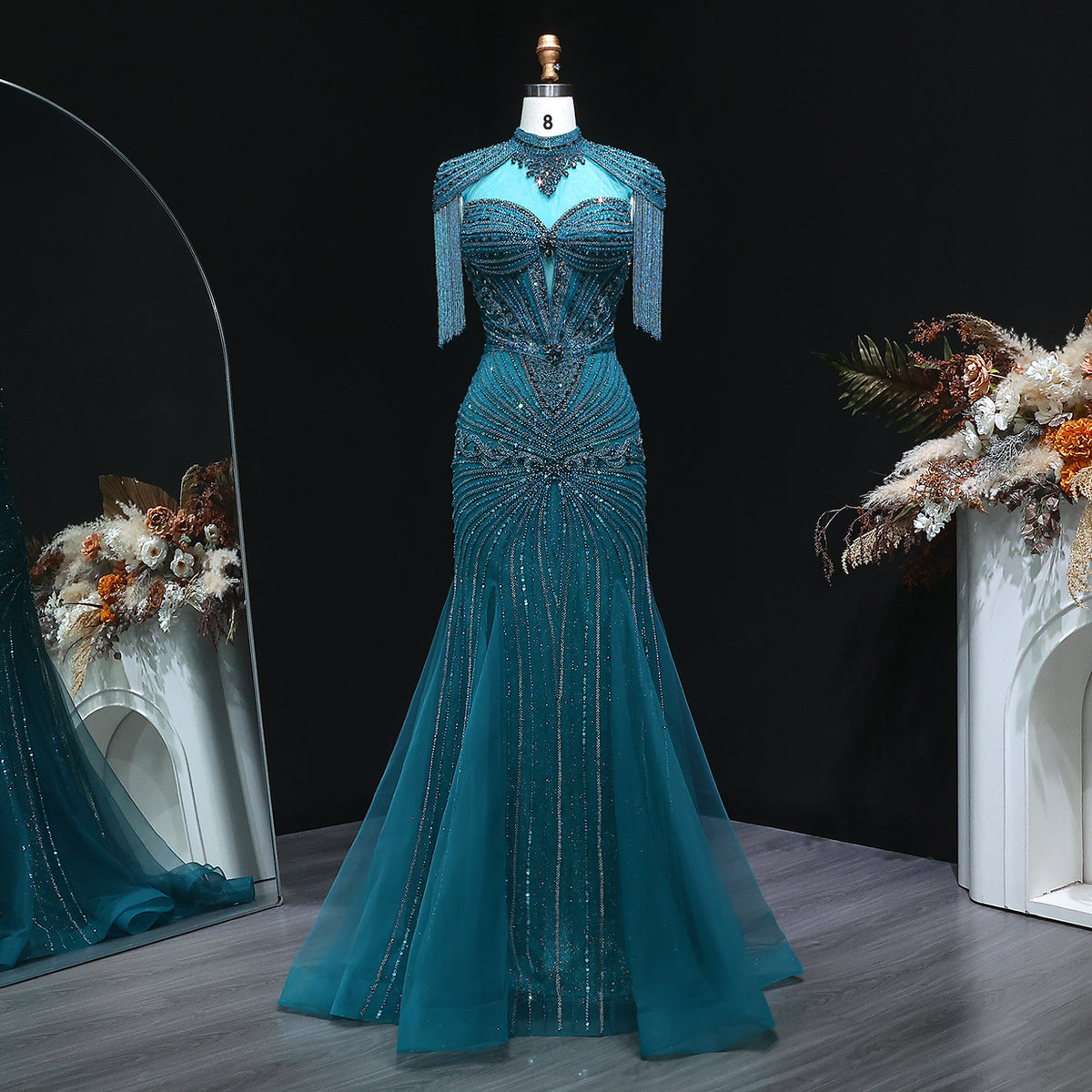Luxury Blue Crystal Evening Dress with Shoulder Tassels SS190