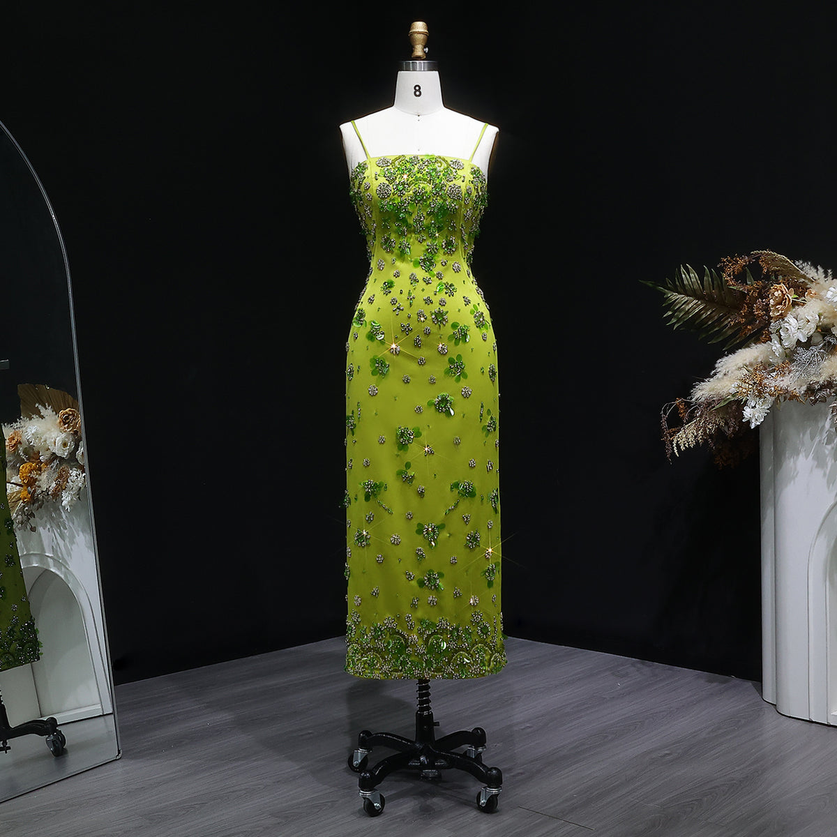 Luxury 3D Floral Beaded Green Spaghetti Straps Midi Evening Dress SS233