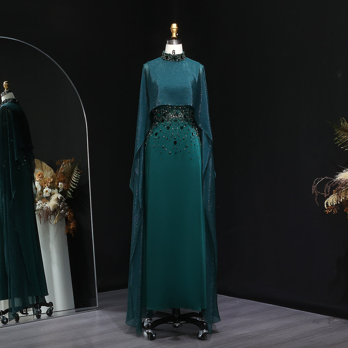 Elegant Green Beaded Crystal Evening Dress with Cape Sleeve SS260