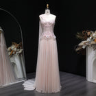 Elegant Blush Pink 3D Floral Beaded One-Shoulder Cape Evening Dress SS285