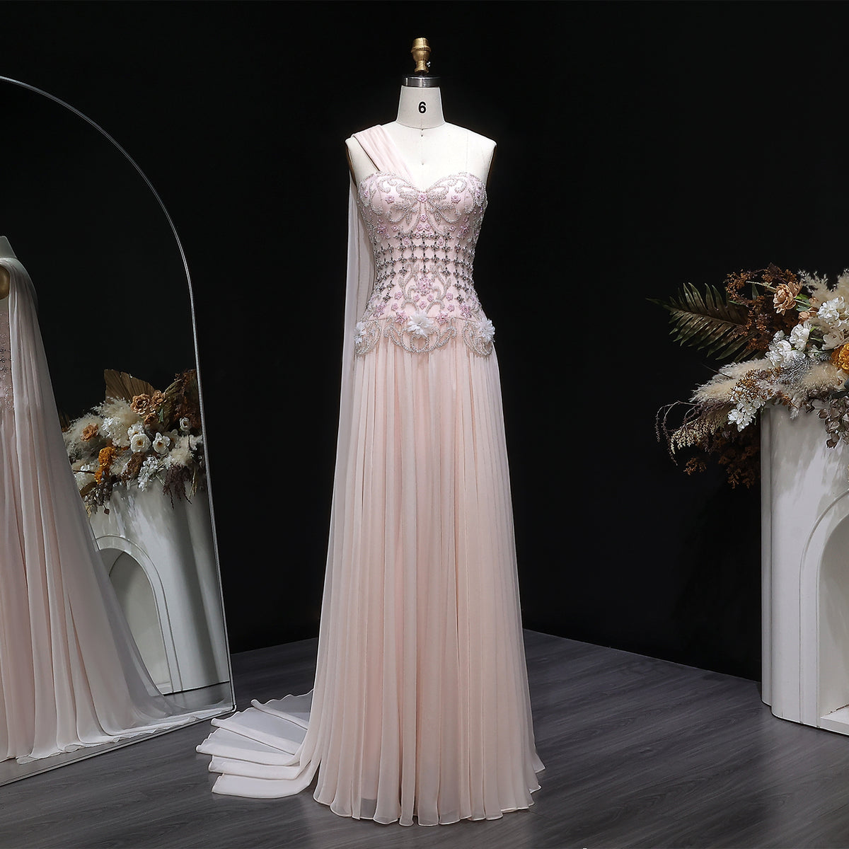 Elegant Blush Pink 3D Floral Beaded One-Shoulder Cape Evening Dress SS285