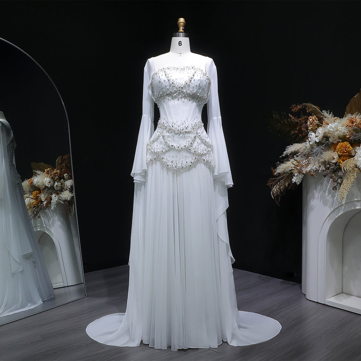 Luxury Pearls Tassel Blue and Yellow Evening Dress with Flowing Sleeves SS286