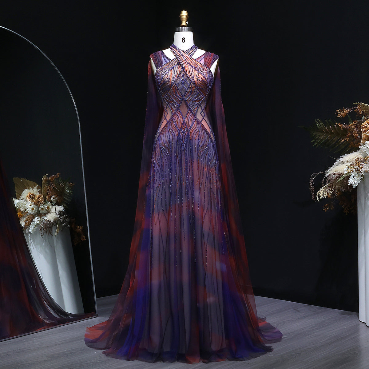 Luxury Gradient Beaded Evening Dress with Cape SS297