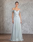 Aqua Off‑Shoulder Crystal Beaded Chiffon Evening Dress