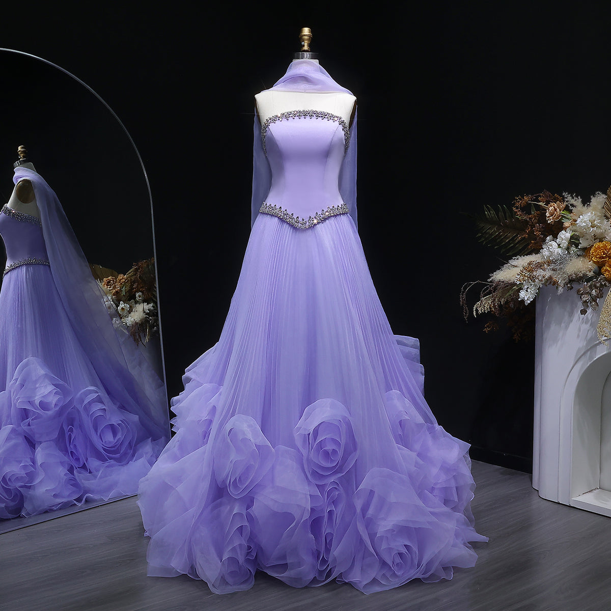 Elegant Lilac 3D Floral Strapless Tulle Evening Dress with Scarf SS620