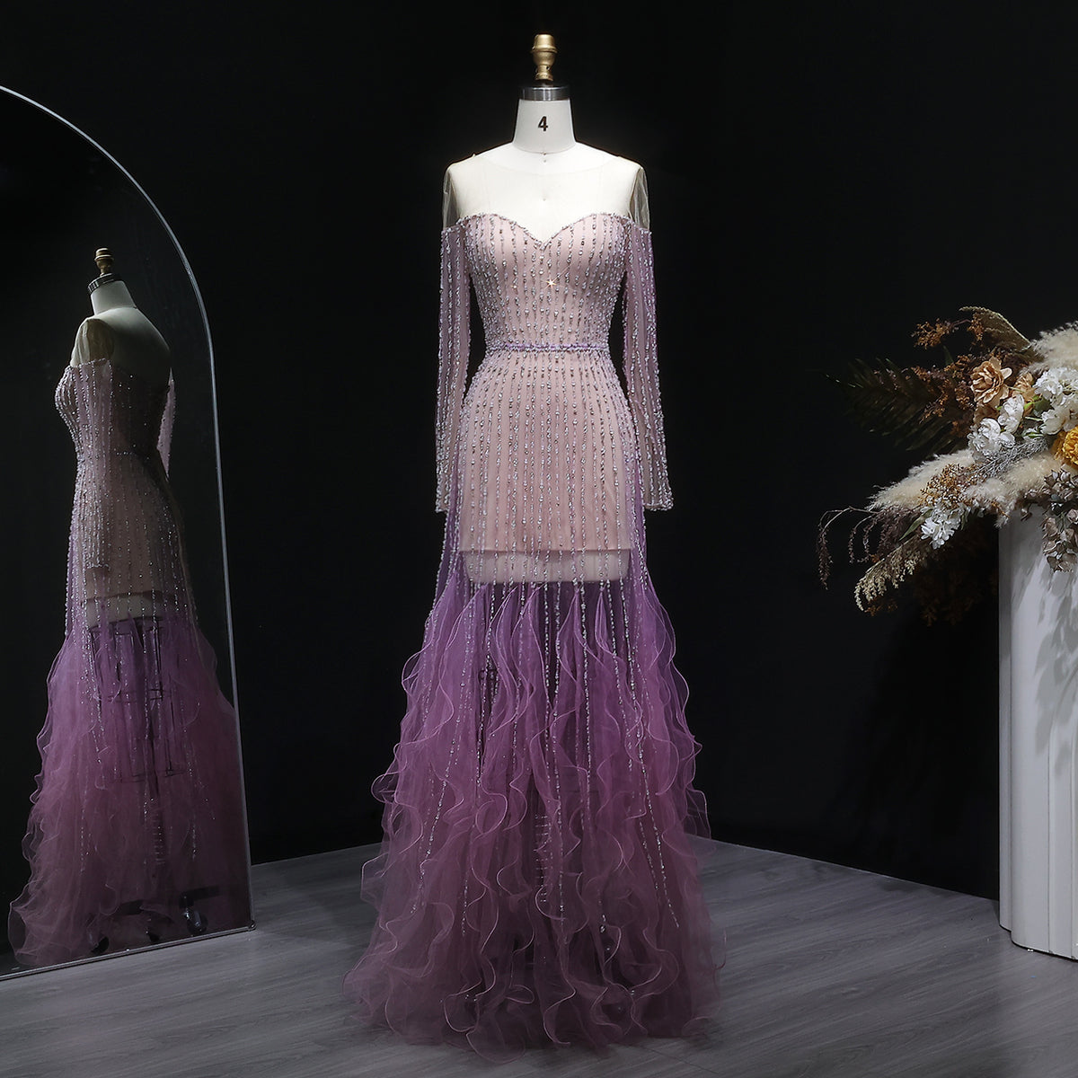 Luxury Beaded Gradient Long Sleeve A-Line Evening Dress SS328