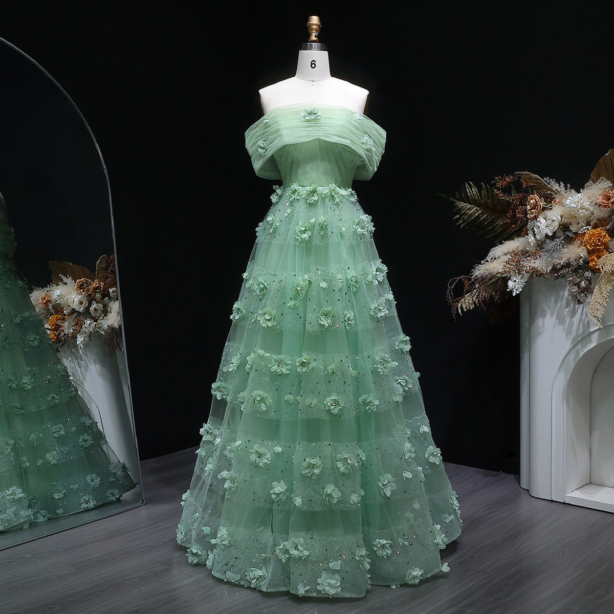 Luxury Sage Green 3D Flowers Sweetheart Evening Dress with Cape SS346