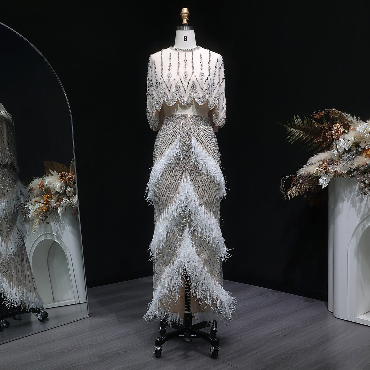 Luxury Beaded White Feathers 2 Pieces Evening Dress SS363