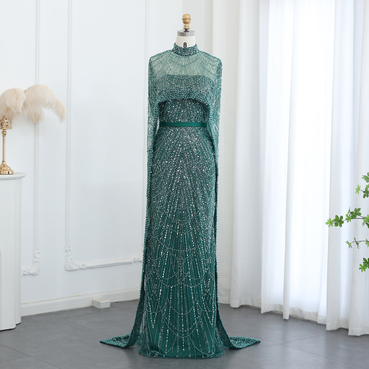 Luxury Pearls Champagne Mermaid Evening Dress with Cape SS369