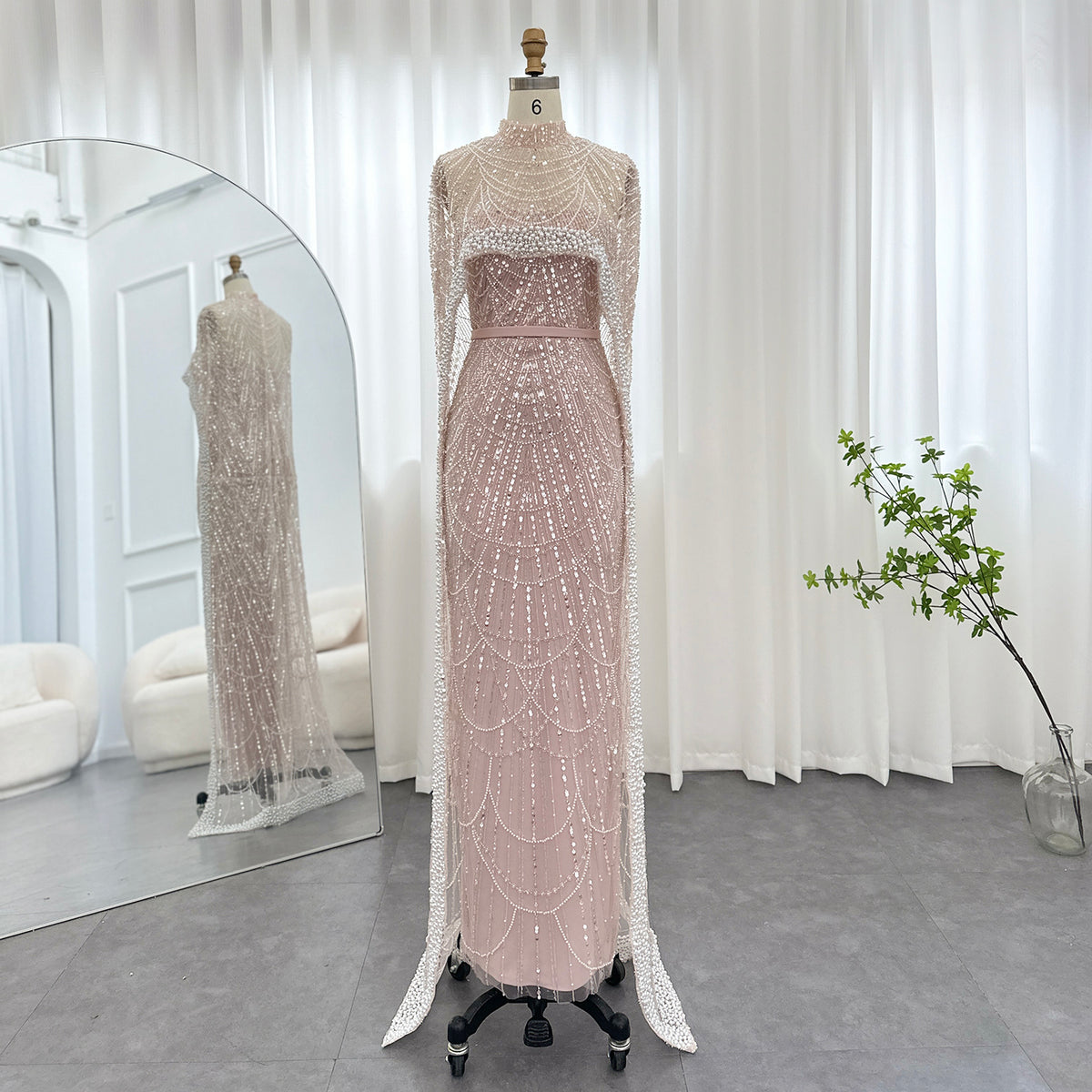 Luxury Pearls Champagne Mermaid Evening Dress with Cape SS369