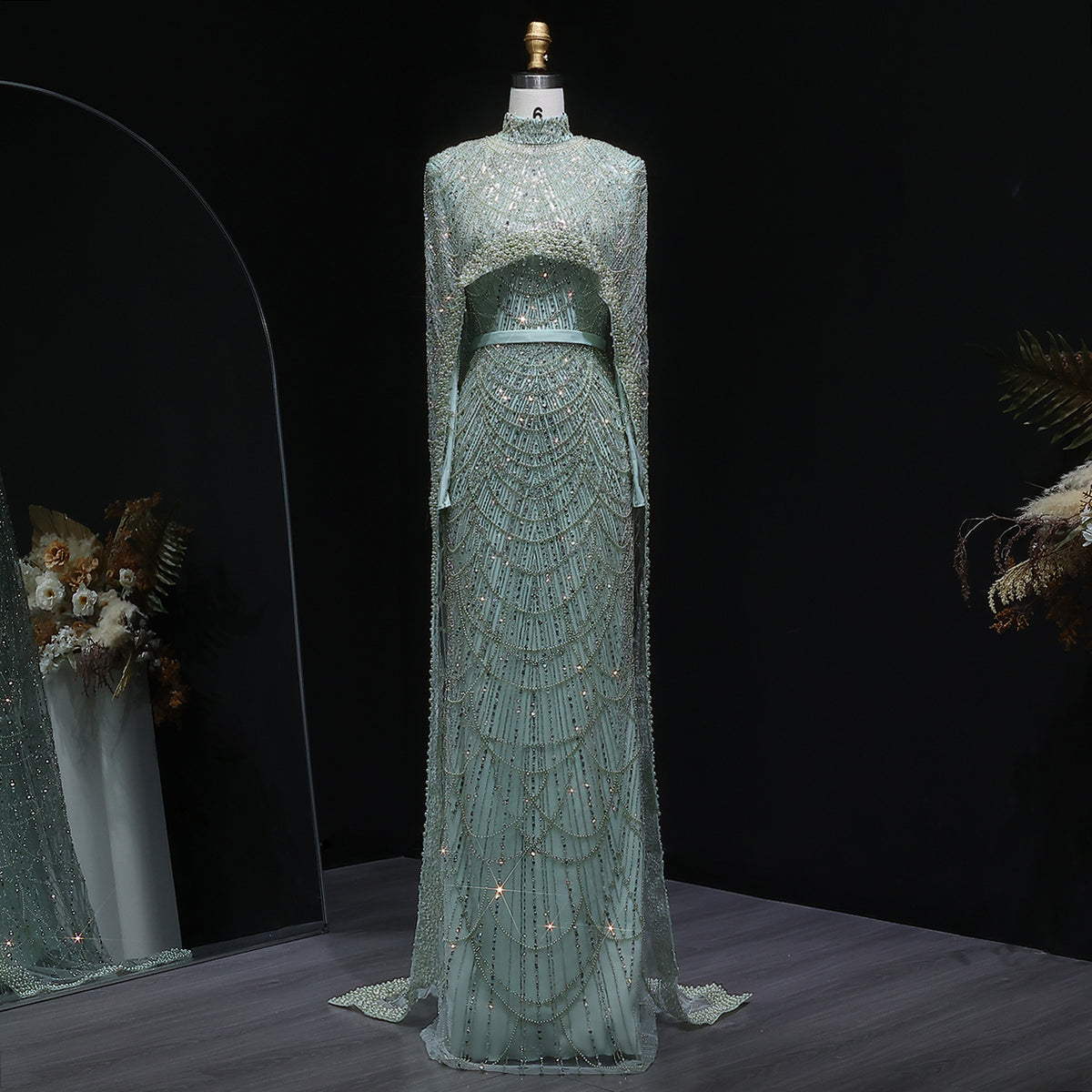 Luxury Long Sleeves Nude Evening Dress with Cape SS369A