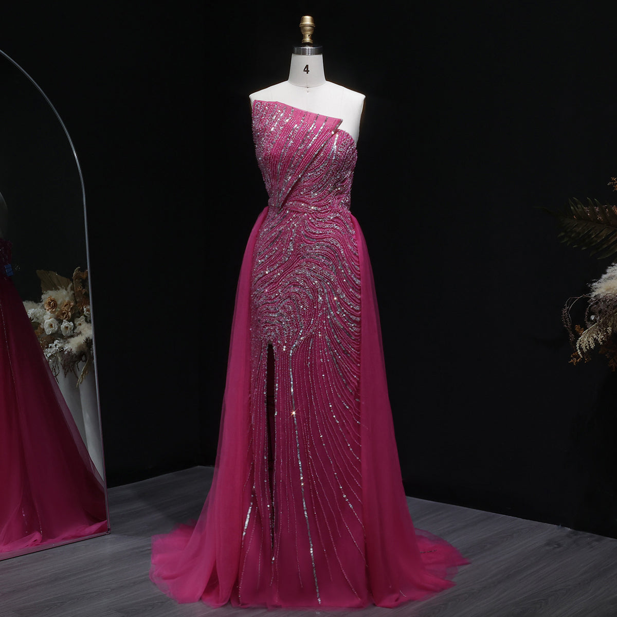 Luxury Fuchsia High Slit Evening Dress with Overskirt SS372