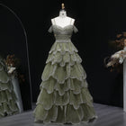 Elegant Green Layered Ruffle Beaded Evening Dress SS385