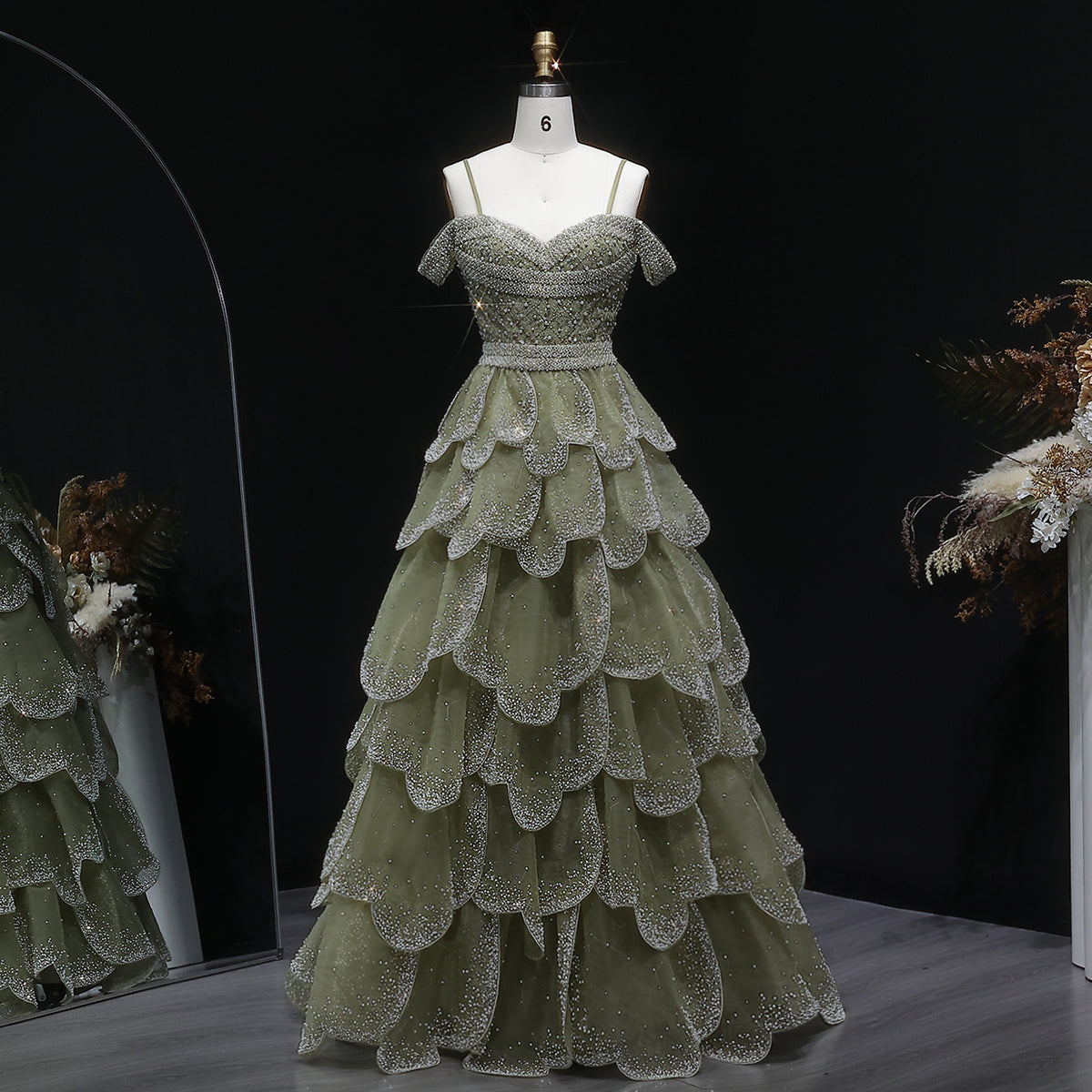 Elegant Green Layered Ruffle Beaded Evening Dress SS385