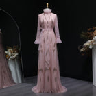 Elegant Pink High-Neck Beaded Embroidered Evening Dress with Belt SS386