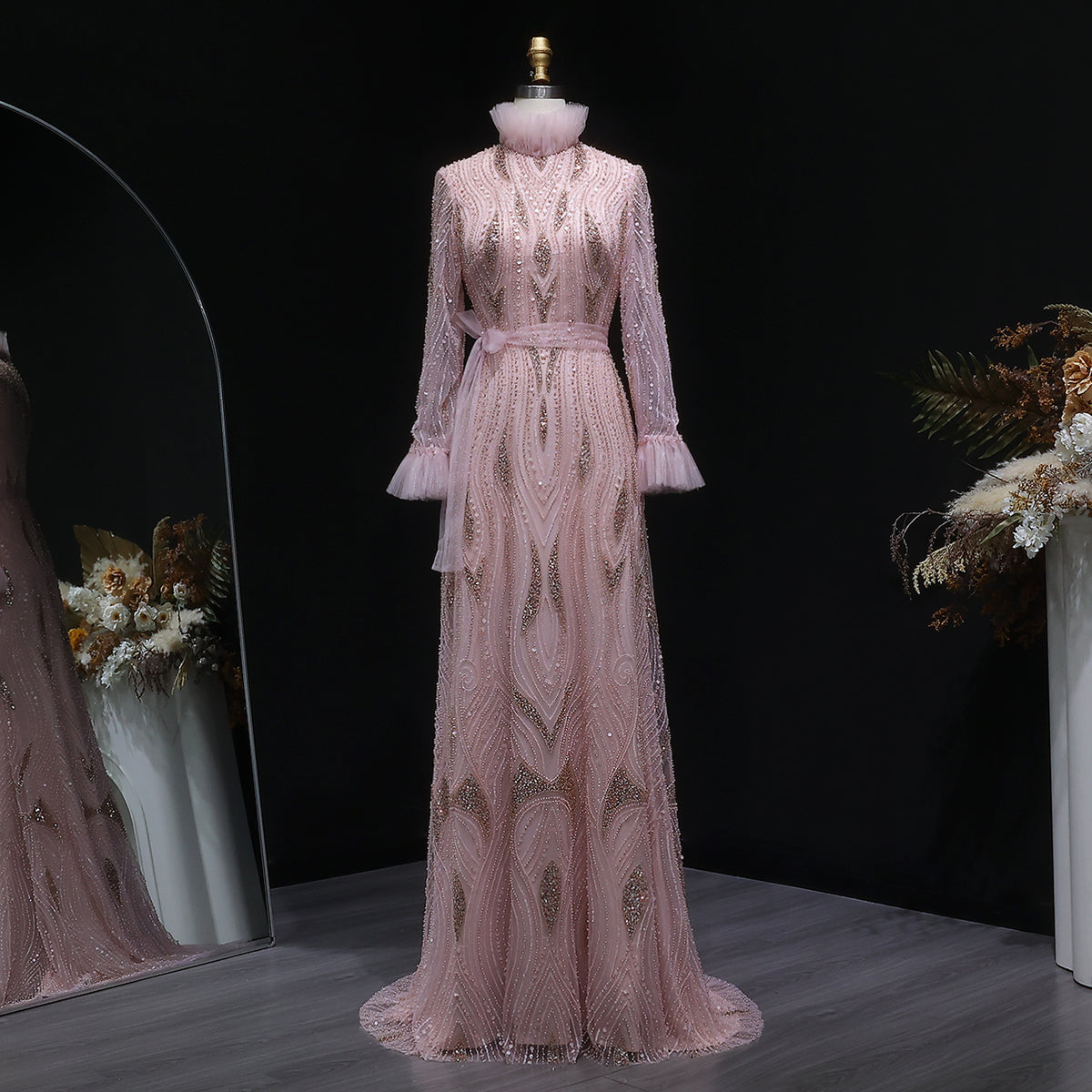 Elegant Pink High-Neck Beaded Embroidered Evening Dress with Belt SS386