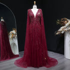 Luxury Crystal Sage Green V-Neck Evening Dresses with Cape SS399