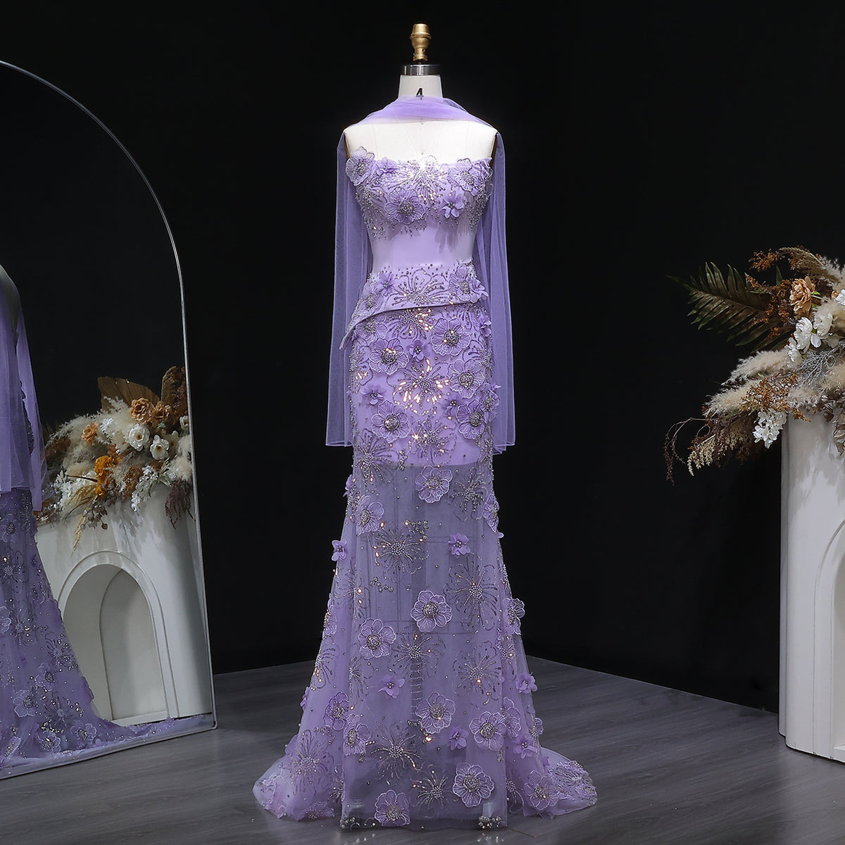 Luxury Lilac 3D Floral Applique Evening Dress with Sheer Tulle and Scarf SS415