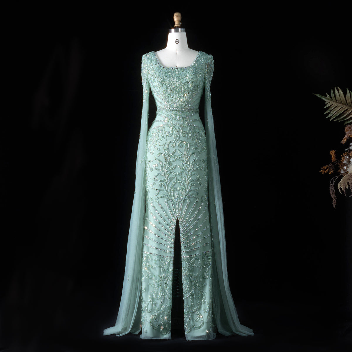 Luxury Beaded Turquoise Evening Dress with Cape Sleeves SS469