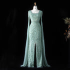 Luxury Beaded Turquoise Evening Dress with Cape Sleeves SS469