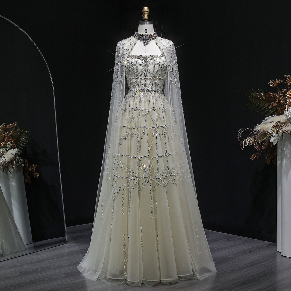 Luxury Cream Crystal Beaded Train Evening Dress with Cape SS486
