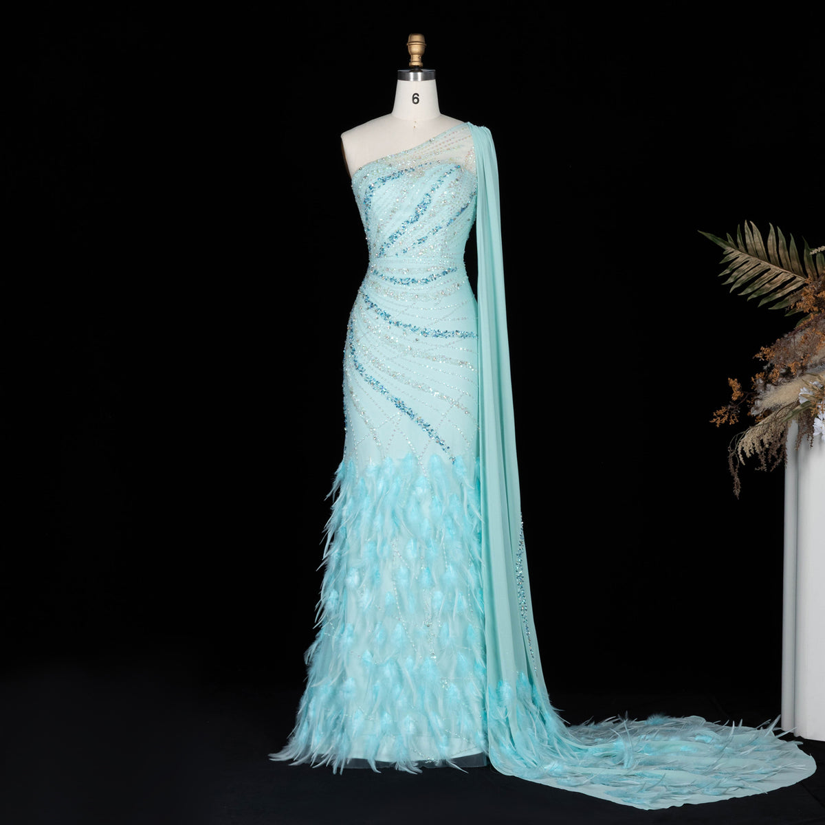 Luxury Feathers Turquoise One Shoulder Mermaid Evening Dress SS498