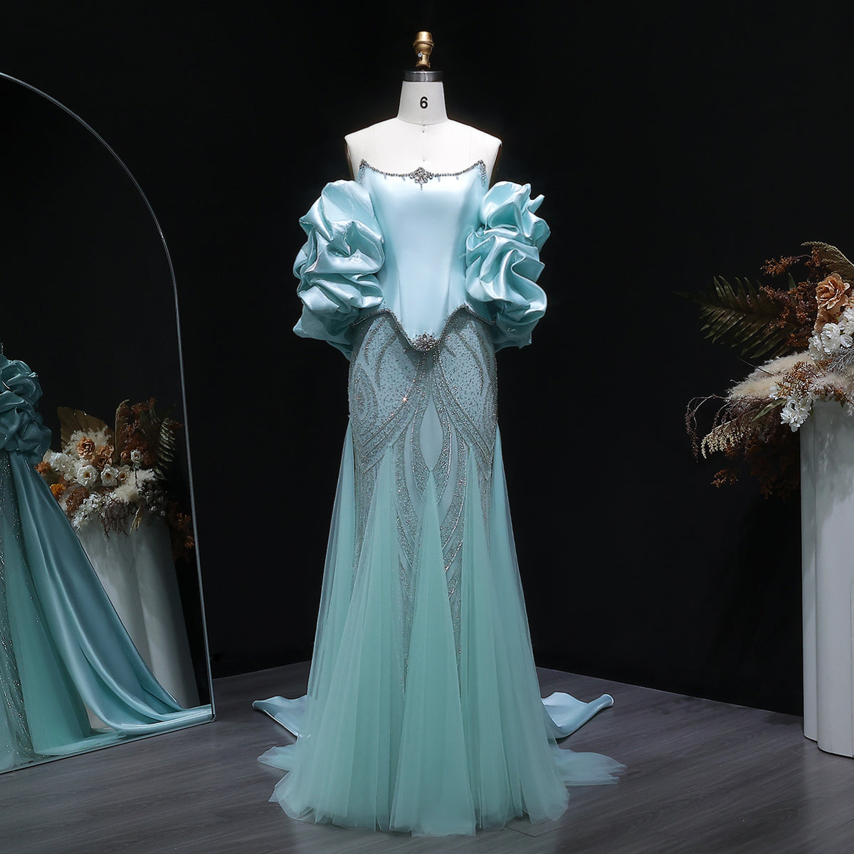 Glamorous Aqua Strapless Puff Sleeve Beaded Mermaid Evening Dress SS501