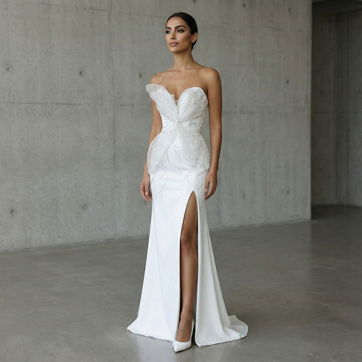 Elegant White Beaded Ruched High Slit Charming Evening Dress SS502