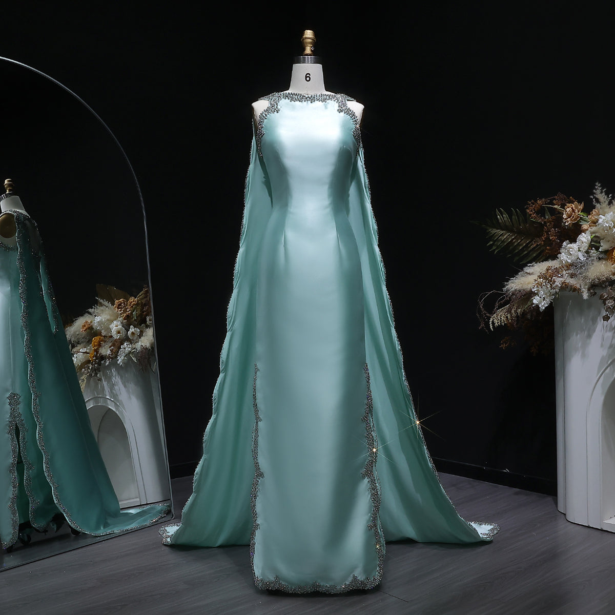 Stylish Premium Mint Green Crystal Satin Evening Dress with Cape SS503