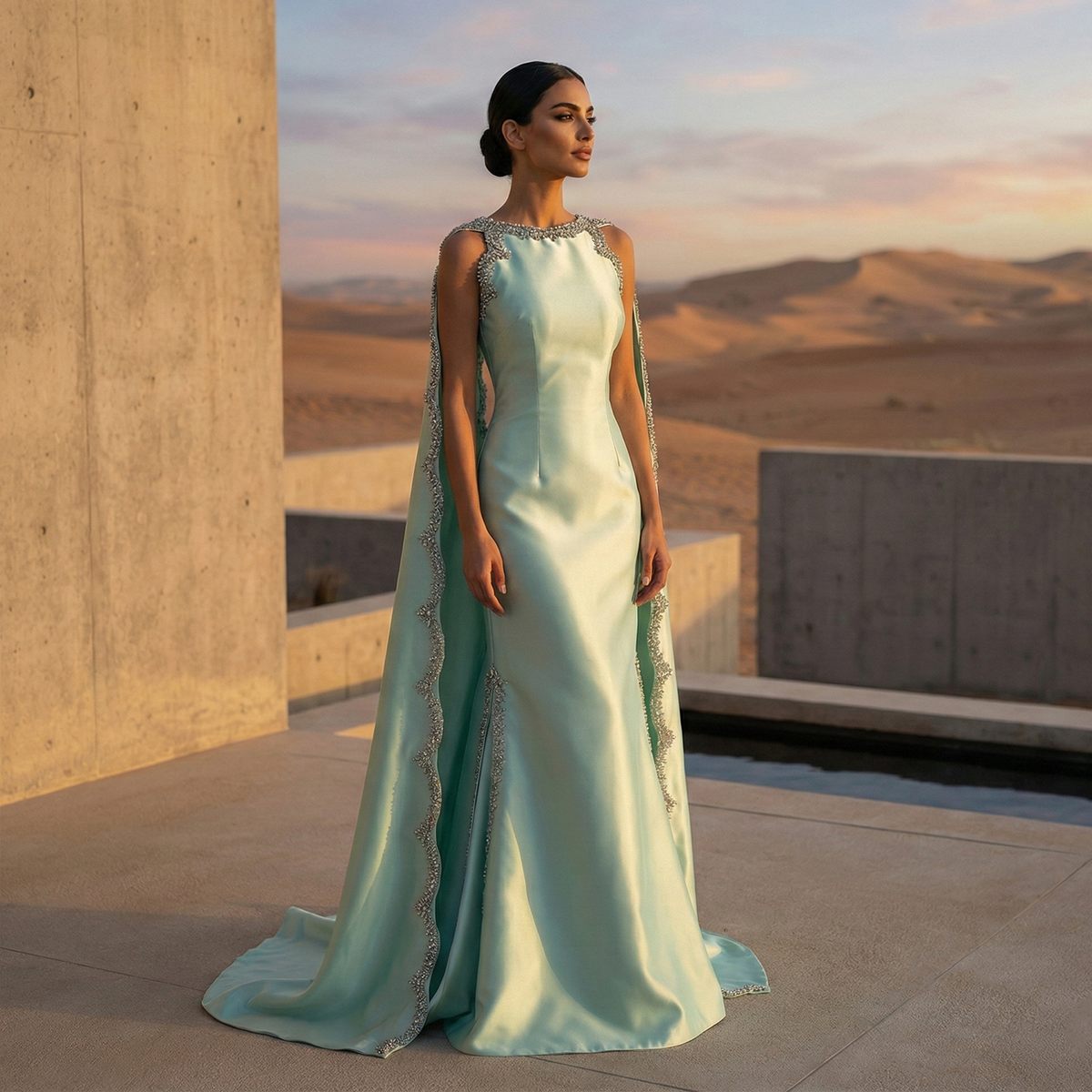 Stylish Premium Mint Green Crystal Satin Evening Dress with Cape SS503