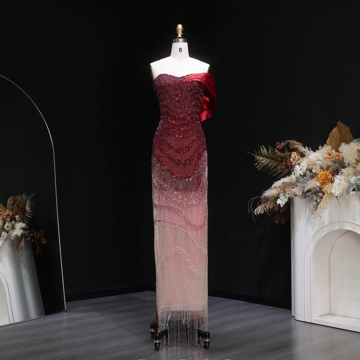 Elegant Burgundy Ombre Beaded Off-Shoulder Mermaid Evening Dress with Cap SS530