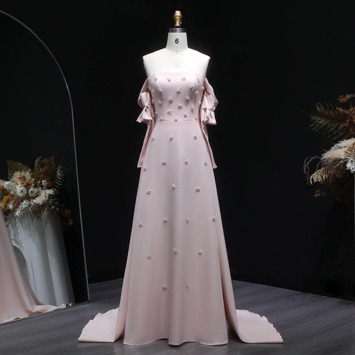 Elegant Strapless 3D Floral Beaded Pink Evening Dress SS540