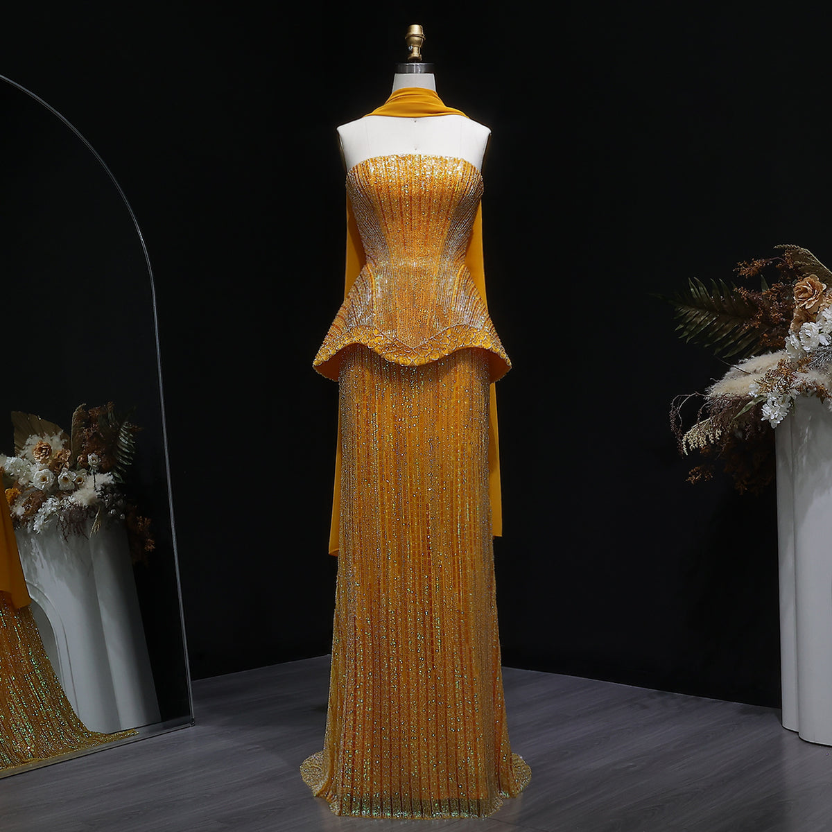 Elegant Orange Peplum Strapless Sequin Evening Dress with Scarf SS560