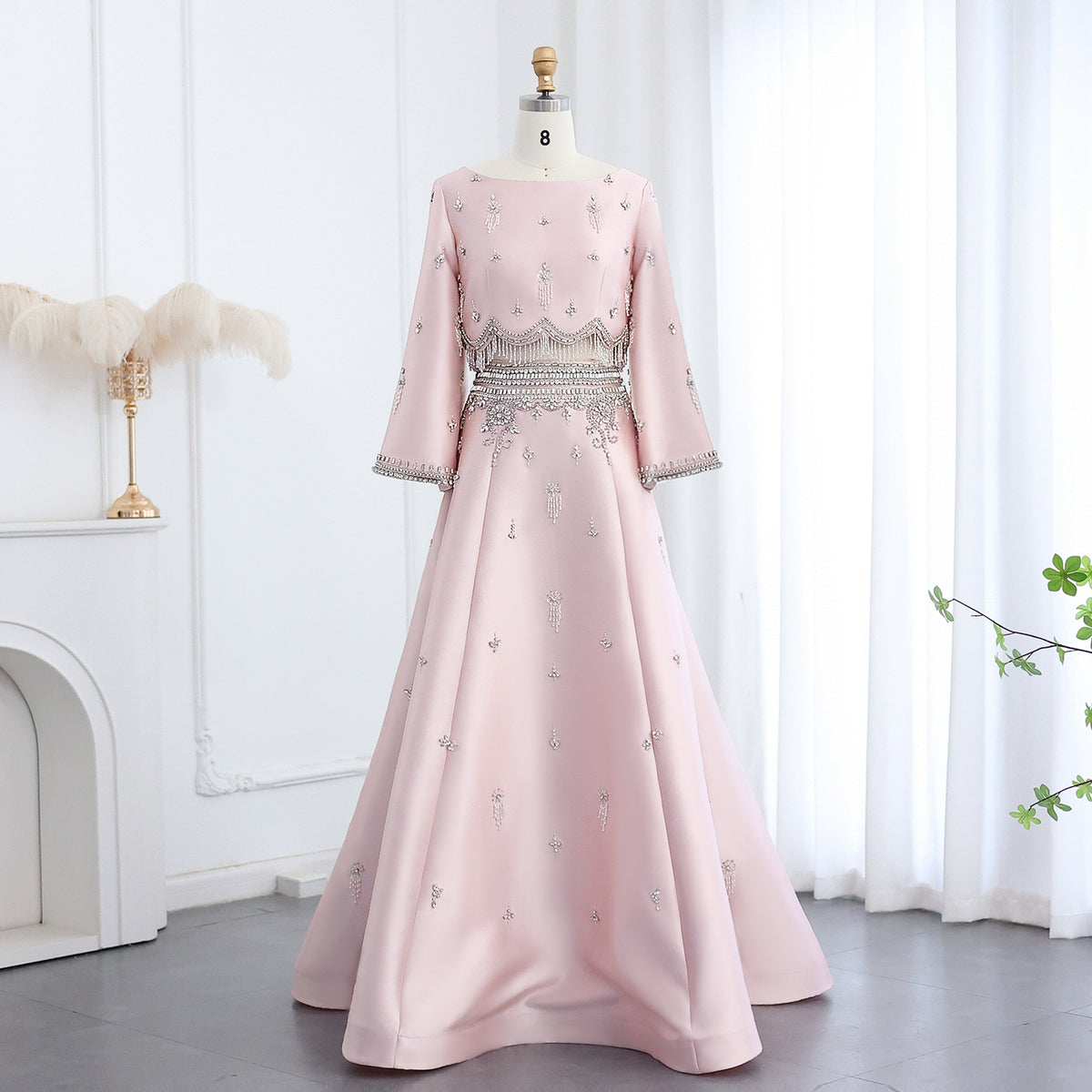 Luxury Burgundy Long Sleeve Crystal Beaded 2-Piece Evening Dress SS573