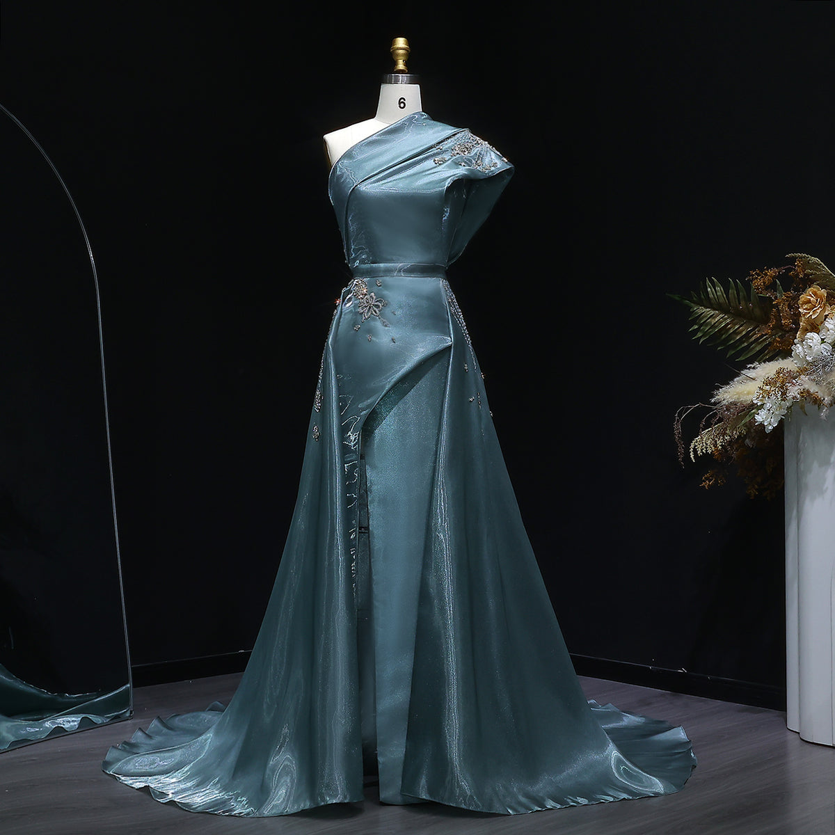 Luxury Turquoise Crystal One-Shoulder Evening Dress with Overskirt SS600