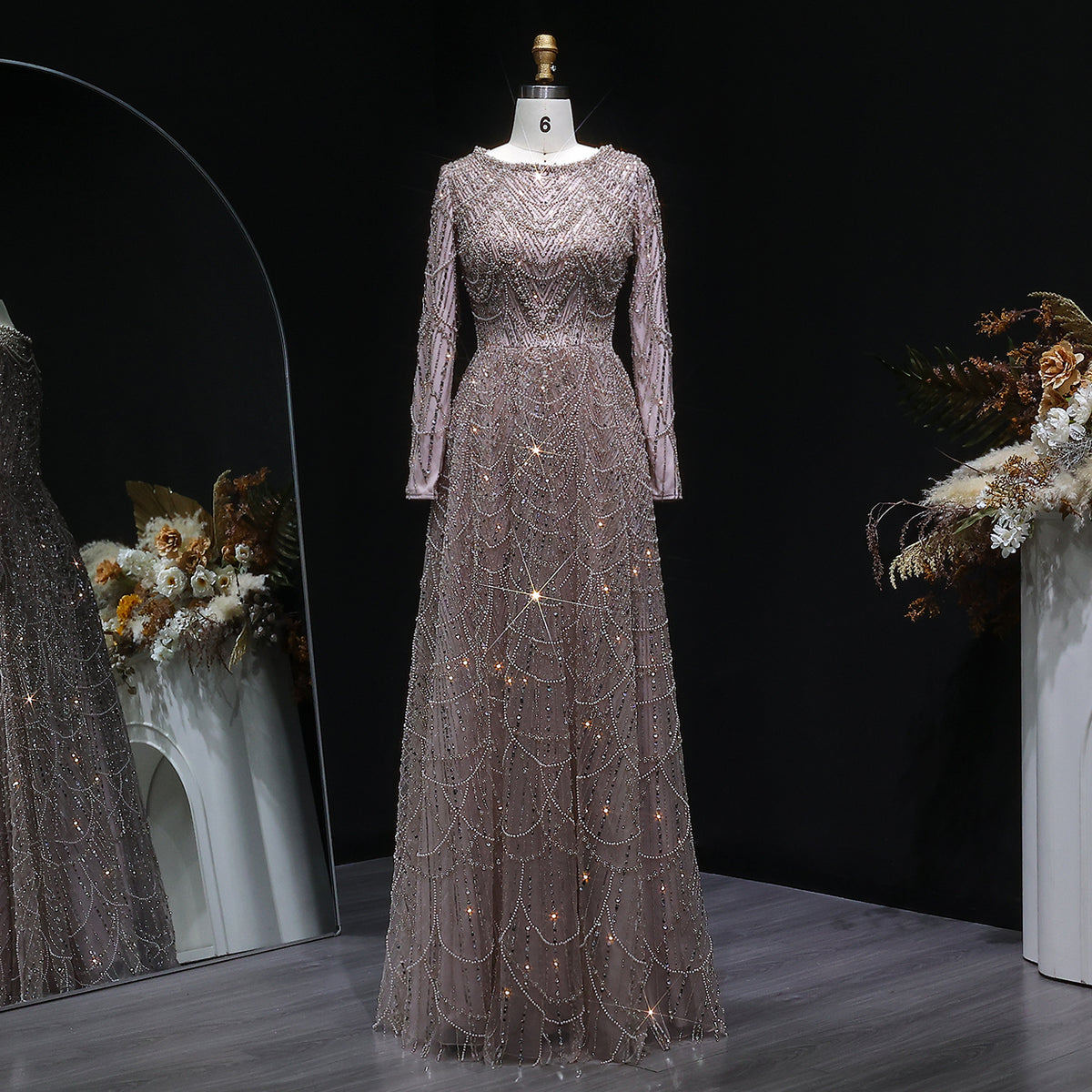 Elegant Green Sequin Beaded Shiny Long Sleeve Evening Dress SS625