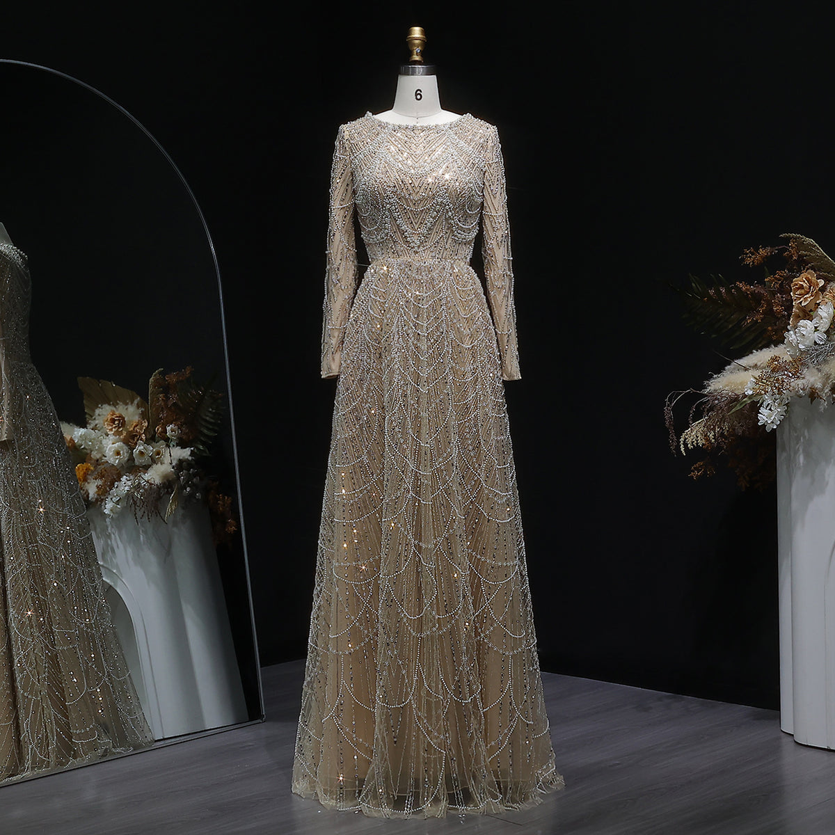 Elegant Green Sequin Beaded Shiny Long Sleeve Evening Dress SS625