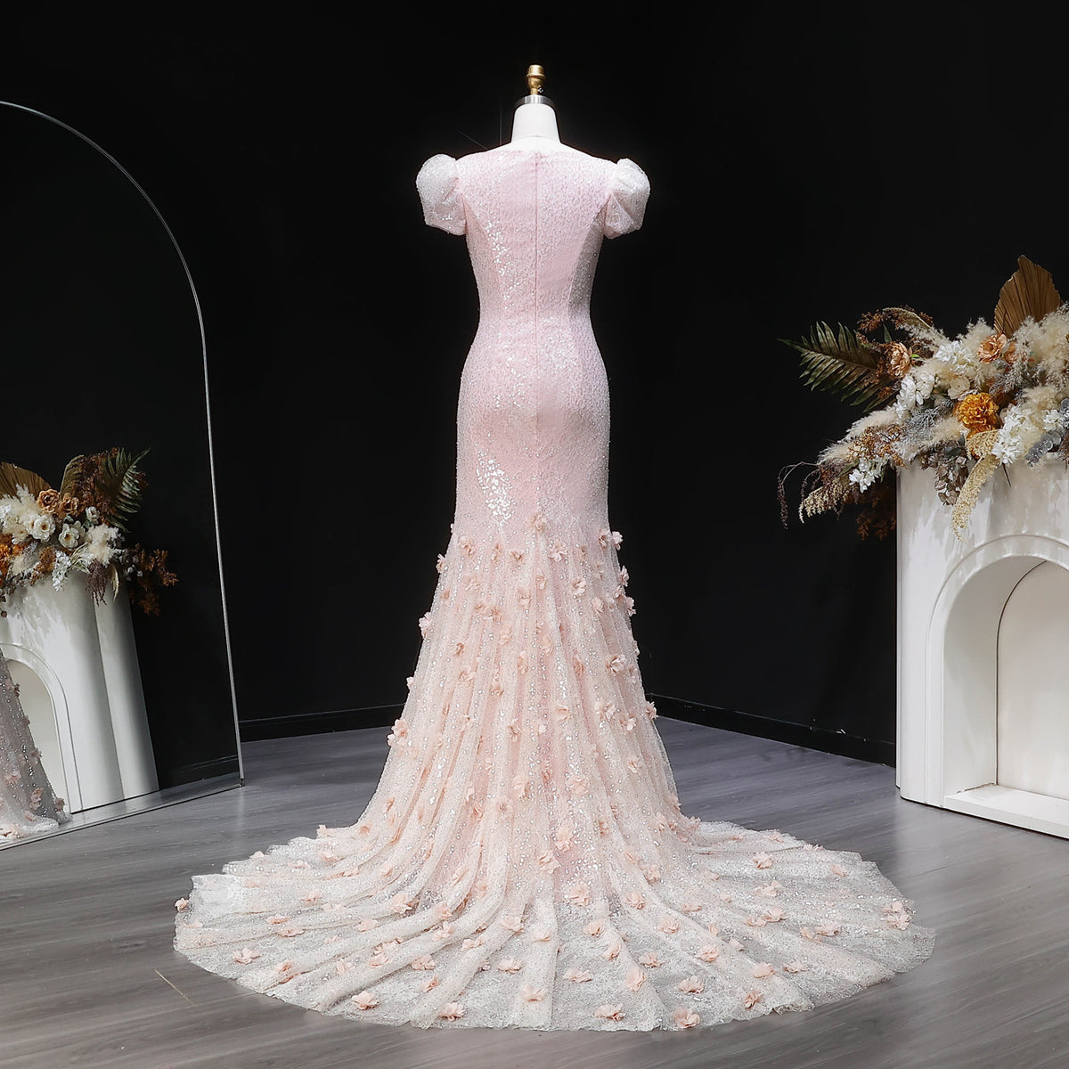 Luxury Pink Ombre Sequin Mermaid Train Evening Dress SS643
