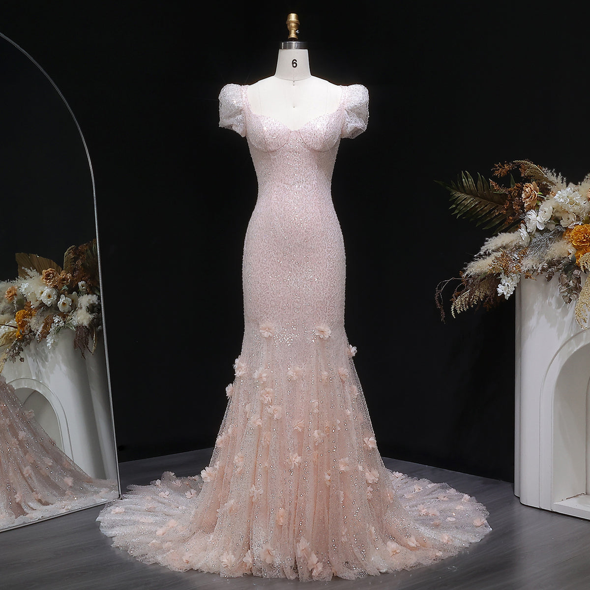 Luxury Pink Ombre Sequin Mermaid Train Evening Dress SS643