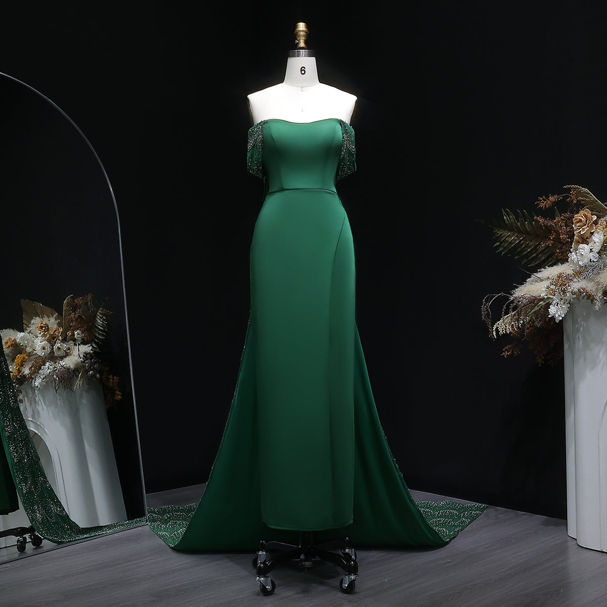 Elegant Emerald Green Beaded Evening Dress with Overskirt SS645