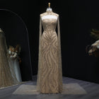Luxury Wine Red High Neck Cape Beaded Sequin Evening Dress