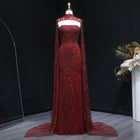 Luxury Wine Red High Neck Cape Beaded Sequin Evening Dress